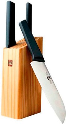 Набор стальных ножей (3 ножа деревянная подставка из сосны) Huo Hou 4-Piece Kitchen Knife Set Lite (HU0059) черный