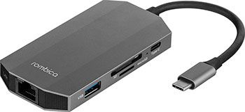 Адаптер 9в1 Rombica Type-C Hub M7 USB3.0 Type-C(m)-1 Type-C(DC IN) 2 Usb 3.0 Type-A(f) HDMI LAN SDXC/mSDXC 3.5mm (TC-000