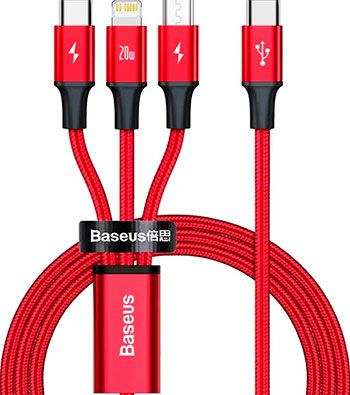 Дата-кабель Baseus с функцией быстрой зарядки Power Delivery 3-в-1 Type-C наC+L+C 20Вт 1.5м Rapid красный CATLYS-C03