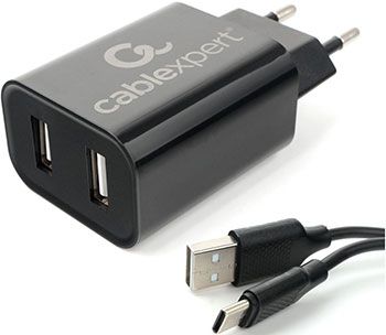 Сетевое з/у + DАТА кабель Cablexpert MP3A-PC-37 USB 2 порта 2.4A черный + кабель 1м Type-C