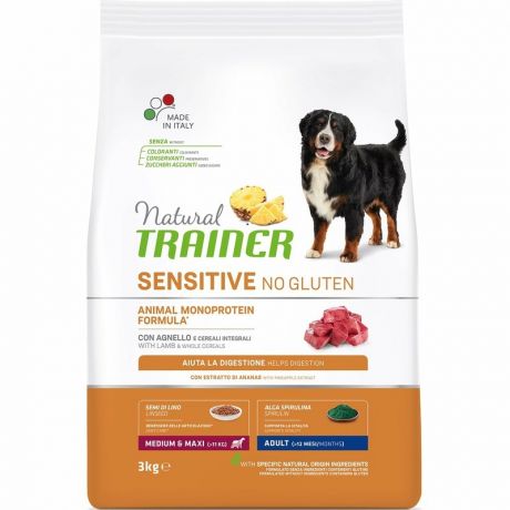 TRAINER Trainer Natural Sensitive сухой корм для взрослых собак средних и крупных пород без глютена с ягненоком - 3 кг