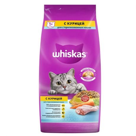 Whiskas Whiskas полнорационный сухой корм для стерилизованных кошек, с курицей и вкусными подушечками - 5 кг