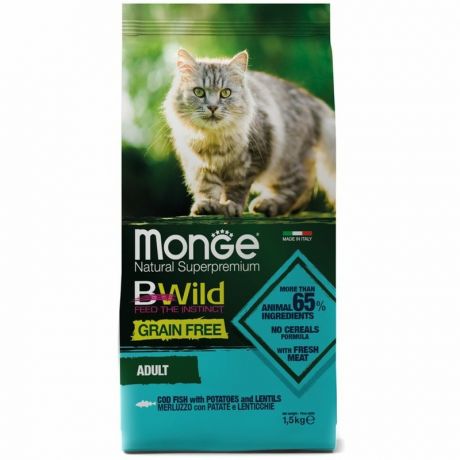 Monge Monge Cat BWild GRAIN FREE беззерновой корм из трески для взрослых кошек 1,5 кг