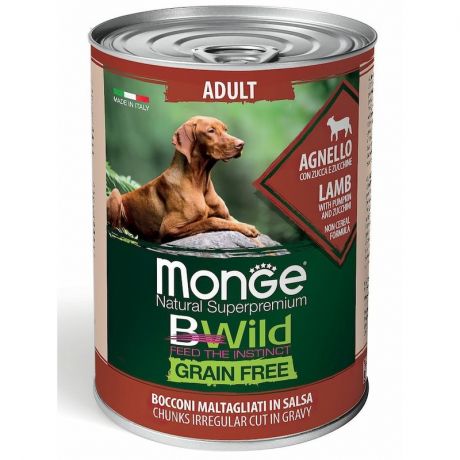 Monge Monge Dog BWild GRAIN FREE беззерновые консервы из ягненка с тыквой и кабачками для взрослых собак всех пород 400г