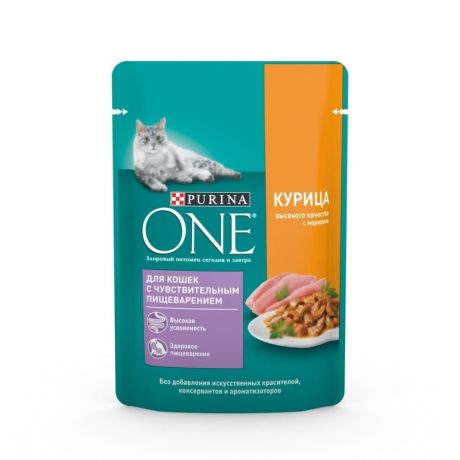 PURINA ONE Purina ONE влажный корм для кошек с чувствительным пищеварением, с курицей и морковью, кусочки в желе, в паучах - 75 г
