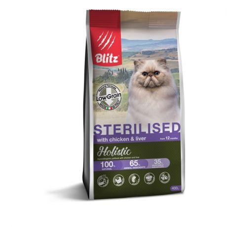 Blitz Blitz Holistic Sterilised полнорационный сухой корм для стерилизованных кошек, низкозерновой, с курицей и печенью - 400 г
