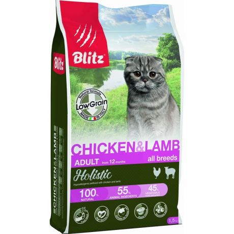 Blitz Blitz Holistic Cat Adult полнорационный сухой корм для кошек, низкозерновой, с курицей и ягненком - 1,5 кг