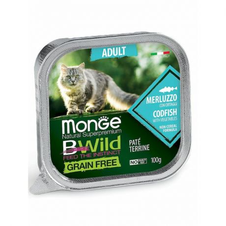 Monge Monge Cat BWild GRAIN FREE беззерновые консервы из трески с овощами для взрослых кошек 100г
