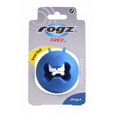 Rogz Rogz мяч пупырчатый с "зубами" для массажа десен с отверстием для лакомств FRED, 64 мм, синий