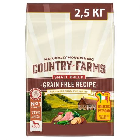 COUNTRY FARMS Country Farms сухой беззерновой полнорационный корм для взрослых собак мелких пород с высоким содержанием индейки - 2,5 кг