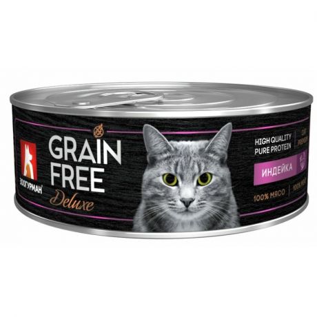 ЗООГУРМАН Зоогурман Grain Free Deluxe влажный корм для кошек, беззерновой, с индейкой, кусочки в желе, в консервах - 100 г