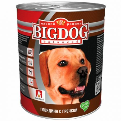 ЗООГУРМАН Зоогурман Big Dog Grain line влажный корм для собак, фарш из говядины с гречкой, в консервах - 850 г