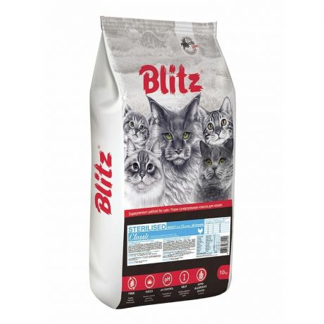 Blitz Blitz Classic Sterilised Cat полнорационный сухой корм для стерилизованных кошек, с курицей - 10 кг