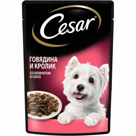 Cesar Cesar полнорационный влажный корм для собак, с говядиной, кроликом и шпинатом, кусочки в соусе, в паучах - 85 г