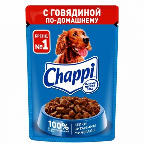 Chappi Chappi Сытный мясной обед полнорационный влажный корм для собак, с говядиной по-домашнему, кусочки в соусе, в паучах - 85 г