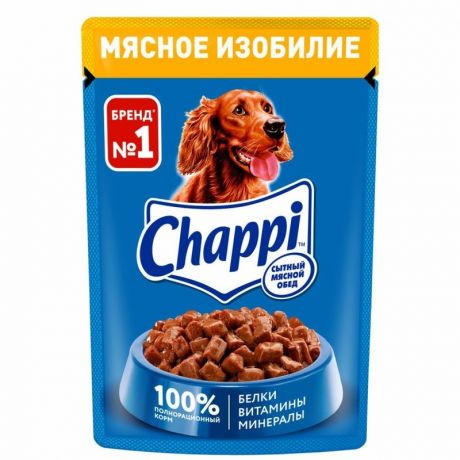 Chappi Chappi Сытный мясной обед полнорационный влажный корм для собак, мясное изобилие, кусочки в соусе, в паучах - 85 г