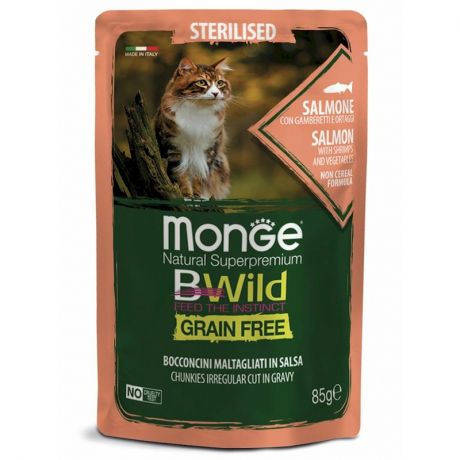 Monge Monge Cat BWild GRAIN FREE паучи из лосося с креветками и овощами для стерилизованных кошек - 85 г