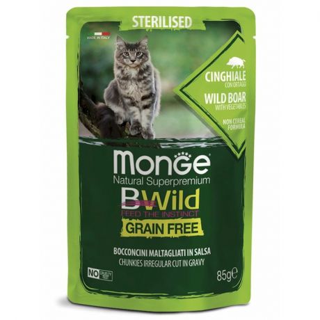 Monge Monge Cat BWild GRAIN FREE паучи из мяса дикого кабана с овощами для стерилизованных кошек - 85 г