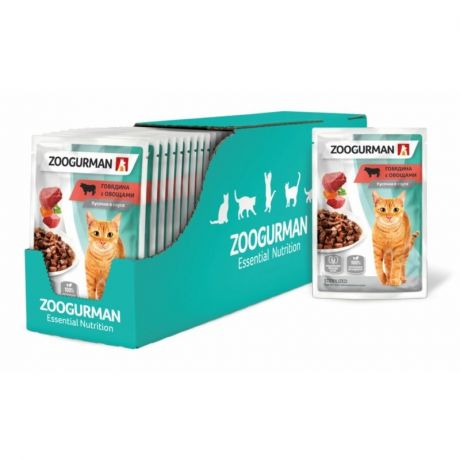 ЗООГУРМАН Зоогурман полнорационный влажный корм для кошек, поддержание функции почек, с говядиной и овощами, кусочки в соусе, в паучах - 85 г
