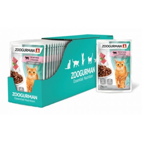 ЗООГУРМАН Зоогурман полнорационный влажный корм для кошек, защита иммунитета, с телятиной и языком, кусочки в соусе, в паучах - 85 г