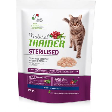 TRAINER Trainer Natural Cat Sterilised Adult With White Meats And Pea Fibre сухой корм с белым мясом и клетчаткой гороха для взрослых стерилизованных кошек 300 г