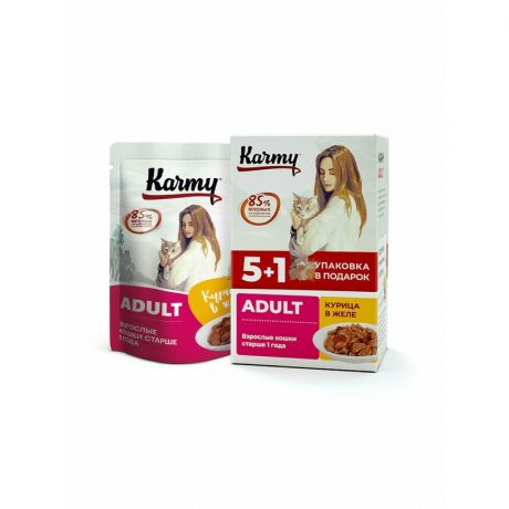 Karmy Karmy Adult полнорационный влажный корм для кошек старше 1 года, с курицей, кусочки в желе, в паучах - 480 г