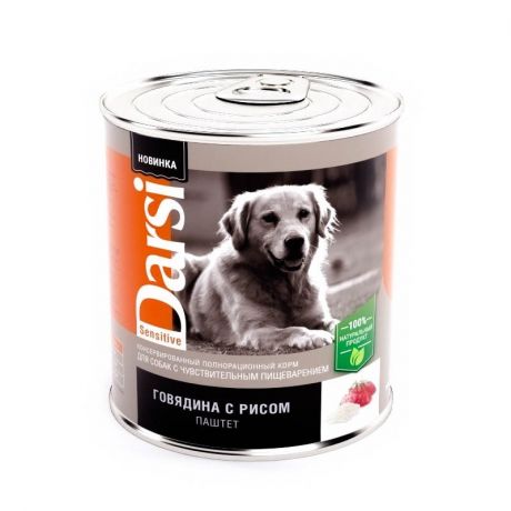 Darsi Darsi Sensitive полнорационный влажный корм для собак, с чувствительным пищеварением, паштет с говядиной и рисом, в консервах - 850 г