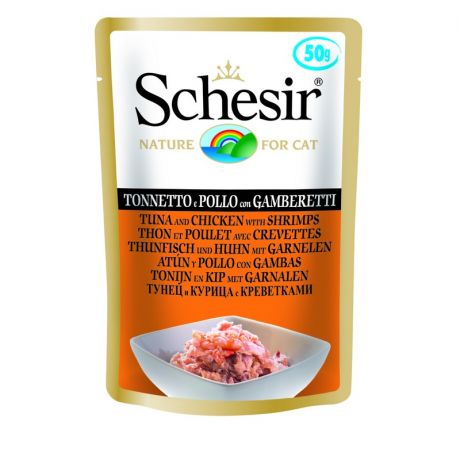Schesir Schesir влажный корм для кошек, с тунцом, цыпленком и креветками, кусочки в желе, в паучах - 50 г