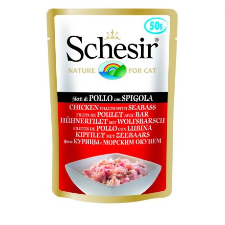 Schesir Schesir влажный корм для кошек, с цыпленком и морским окунем, волокна в желе, в паучах - 50 г