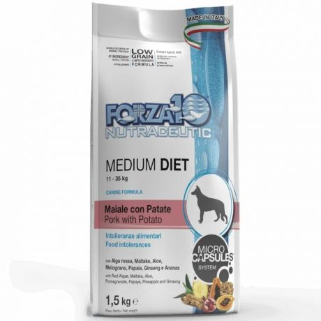 Forza10 Forza10 Medium Diet Low Grain полнорационный диетический корм для взрослых собак средних пород из свинины, картофеля и риса с микрокапсулами - 12 кг