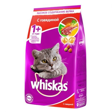 Whiskas Whiskas полнорационный сухой корм для кошек, вкусные подушечки с нежным паштетом, аппетитный обед с говядиной