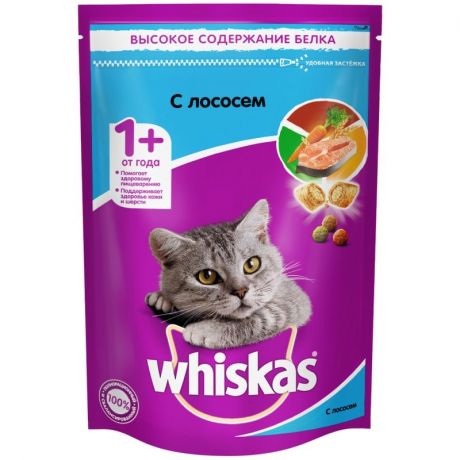 Whiskas Whiskas полнорационный сухой корм для кошек, подушечки с паштетом, обед с лососем - 350 г