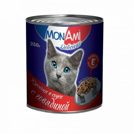 MonAmi Влажный корм MonAmi для взрослых кошек любых пород с кусочками говядины в соусе - 0,25 кг