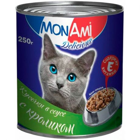 MonAmi Влажный корм MonAmi для взрослых кошек любых пород с кусочками кролика в соусе - 0,25 кг