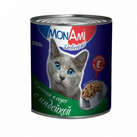 MonAmi Влажный корм MonAmi для взрослых кошек любых пород с кусочками индейки в соусе - 0,25 кг