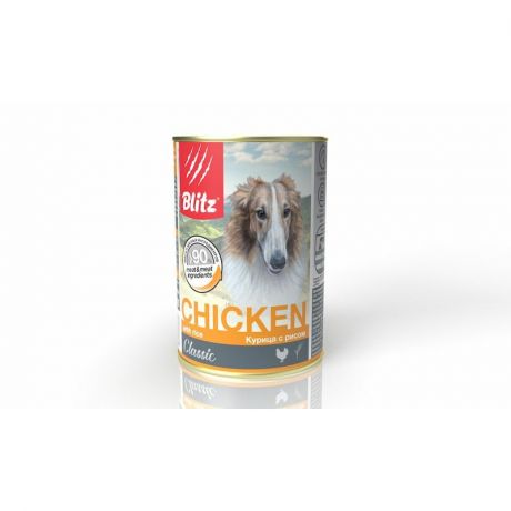 Blitz Blitz Classic Adult Dog полнорационный влажный корм для собак, фарш из курицы с рисом, в консервах - 400 г