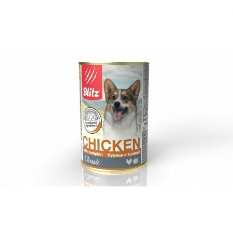 Blitz Blitz Classic Adult Dog полнорационный влажный корм для собак, фарш из курицы с тыквой, в консервах - 400 г