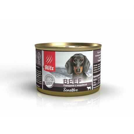 Blitz Blitz Sensitive полнорационный влажный корм для собак и щенков, паштет с говядиной и индейкой, в консервах - 200 г