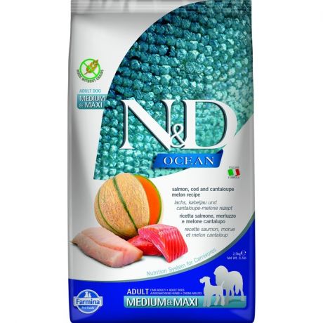 Farmina Farmina N&D Ocean Cantaloupe Melon Adult Medium&Maxi сухой корм для взрослых собак средних и крупных пород с лососем, треской и дыней - 2,5 кг