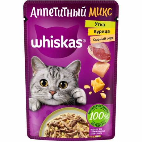 Whiskas Whiskas Аппетитный микс полнорационный влажный корм для кошек, с курицей и уткой, кусочки в сырном соусе, в паучах - 75 г