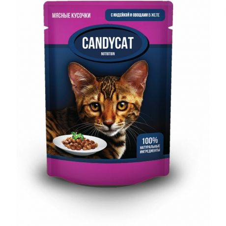 Candycat Candycat влажный корм для кошек, с индейкой и овощами, кусочки в желе, в паучах - 85 г