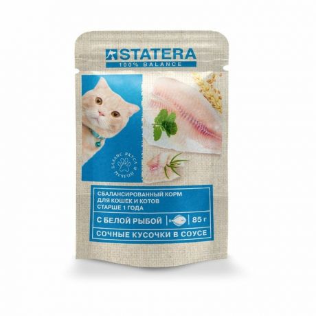 Statera Statera полнорационный влажный корм для кошек и котов с рыбой, кусочки в соусе, в паучах - 85 г