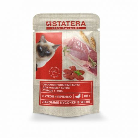 Statera Statera полнорационный влажный корм для кошек и котов старше 1 года, с уткой и печенью, кусочки в желе, в паучах - 85 г