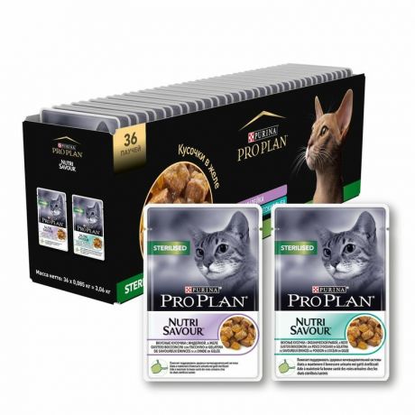 PRO PLAN Pro Plan Nutri Savour мультипак влажный корм для стерилизованных кошек и кастрированных котов, с индейкой и океанической рыбой, кусочки в желе, в паучах - 3,060 кг