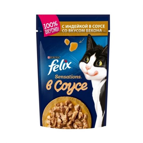 Felix Felix Sensations влажный корм для кошек, с индейкой со вкусом бекона, кусочки в соусе, в паучах - 85 г