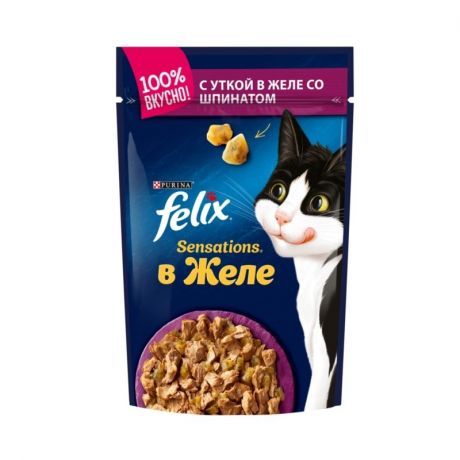 Felix Felix Sensations влажный корм для кошек, с уткой и шпинатом, кусочки в желе, в паучах - 85 г