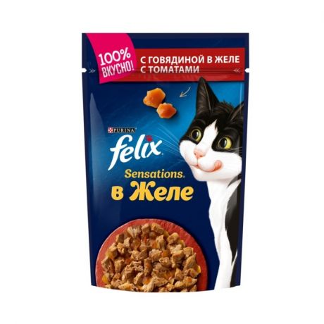 Felix Felix Sensations влажный корм для кошек, с говядиной и томатами, кусочки в желе, в паучах - 85 г