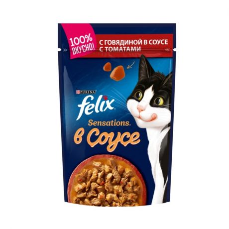 Felix Felix Sensations влажный корм для кошек, с говядиной и томатами, кусочки в соусе, в паучах - 85 г
