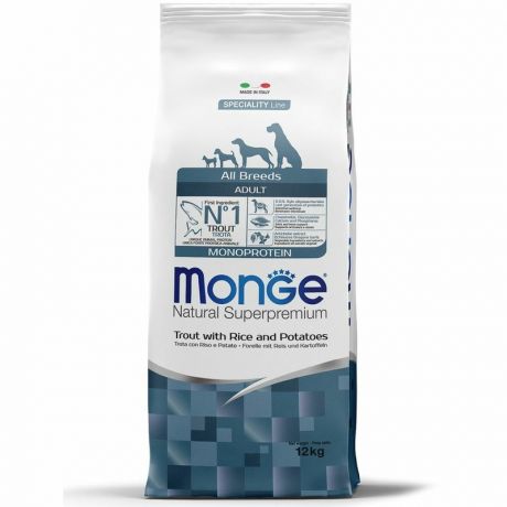 Monge Monge Dog Monoprotein сухой корм для взрослых собак всех пород, форель с рисом и картофелем