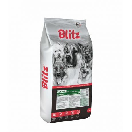 Blitz Blitz Sensitive Senior полнорационный сухой корм для собак старше 7 лет, с индейкой - 15 кг